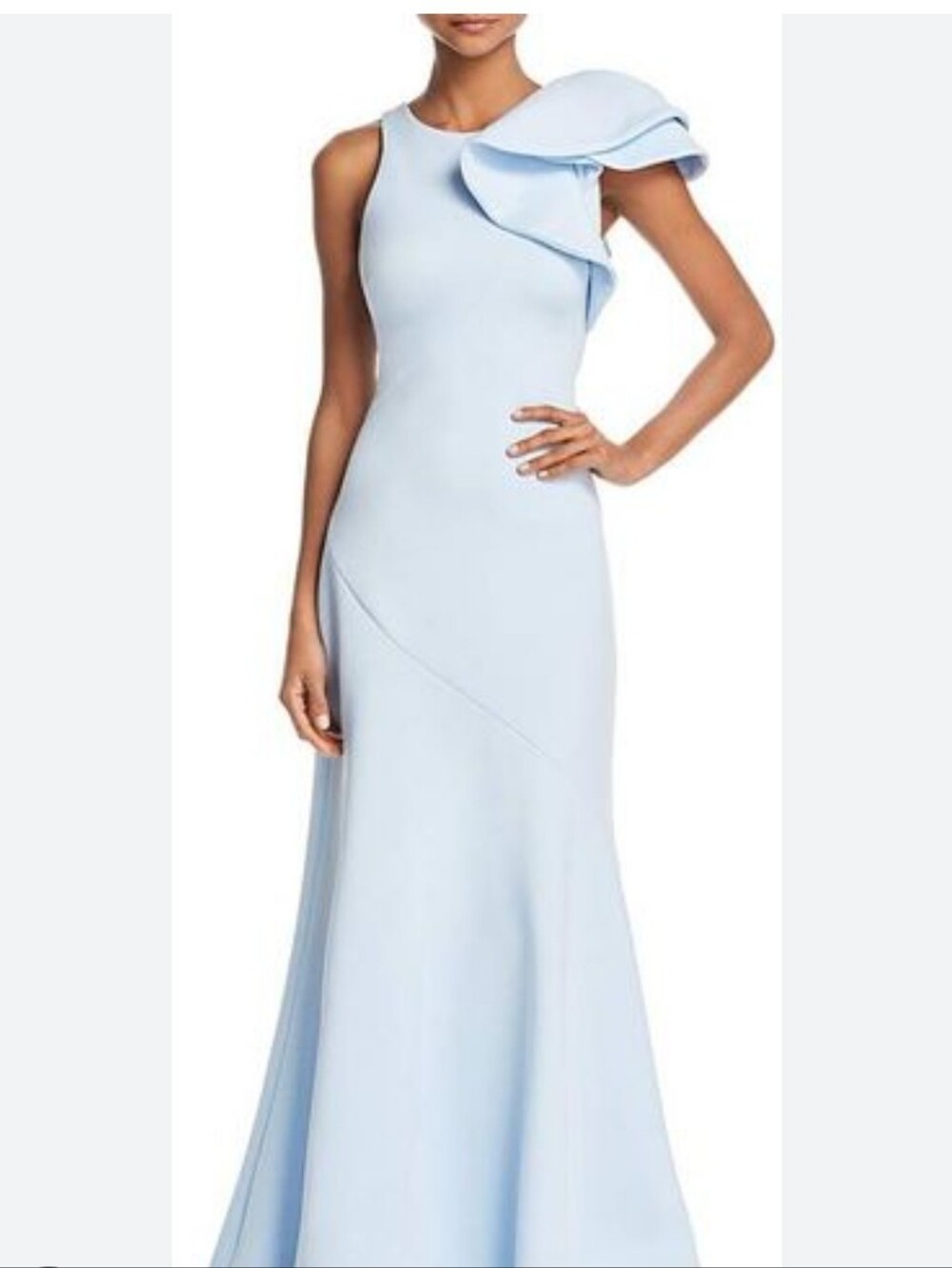 Betsy & Adam One-Shoulder Ruffle Gown in Light Blue